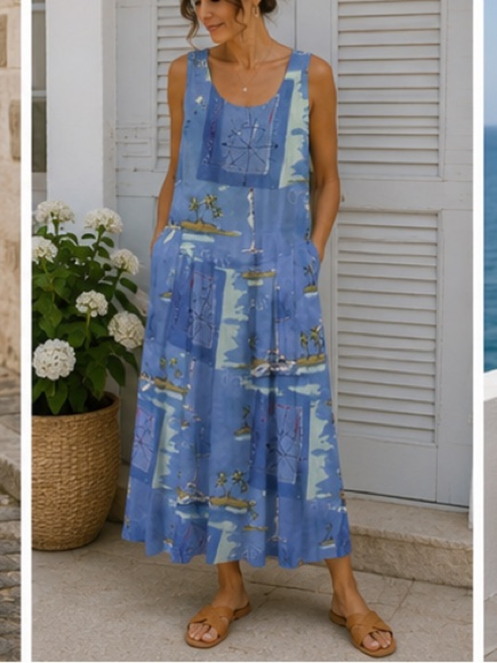 Jams World Vintage Midi Sundress Blue Catamaran Print Ocean Sailing Nautical M